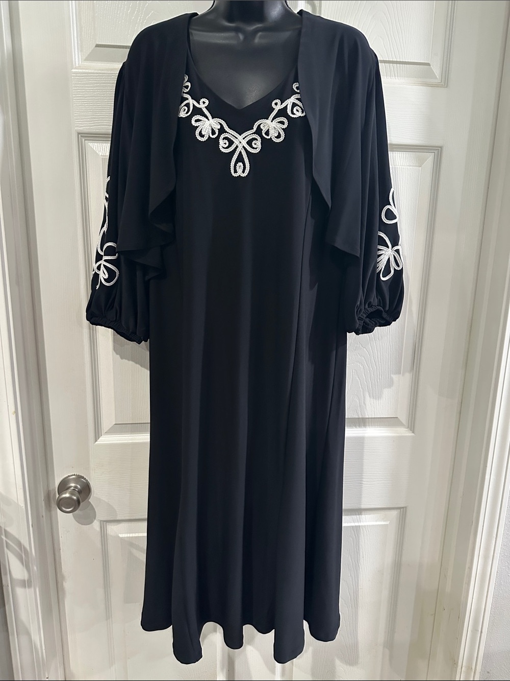 Black Embroidered V-Neck Women's Dress with Draped Sleeves